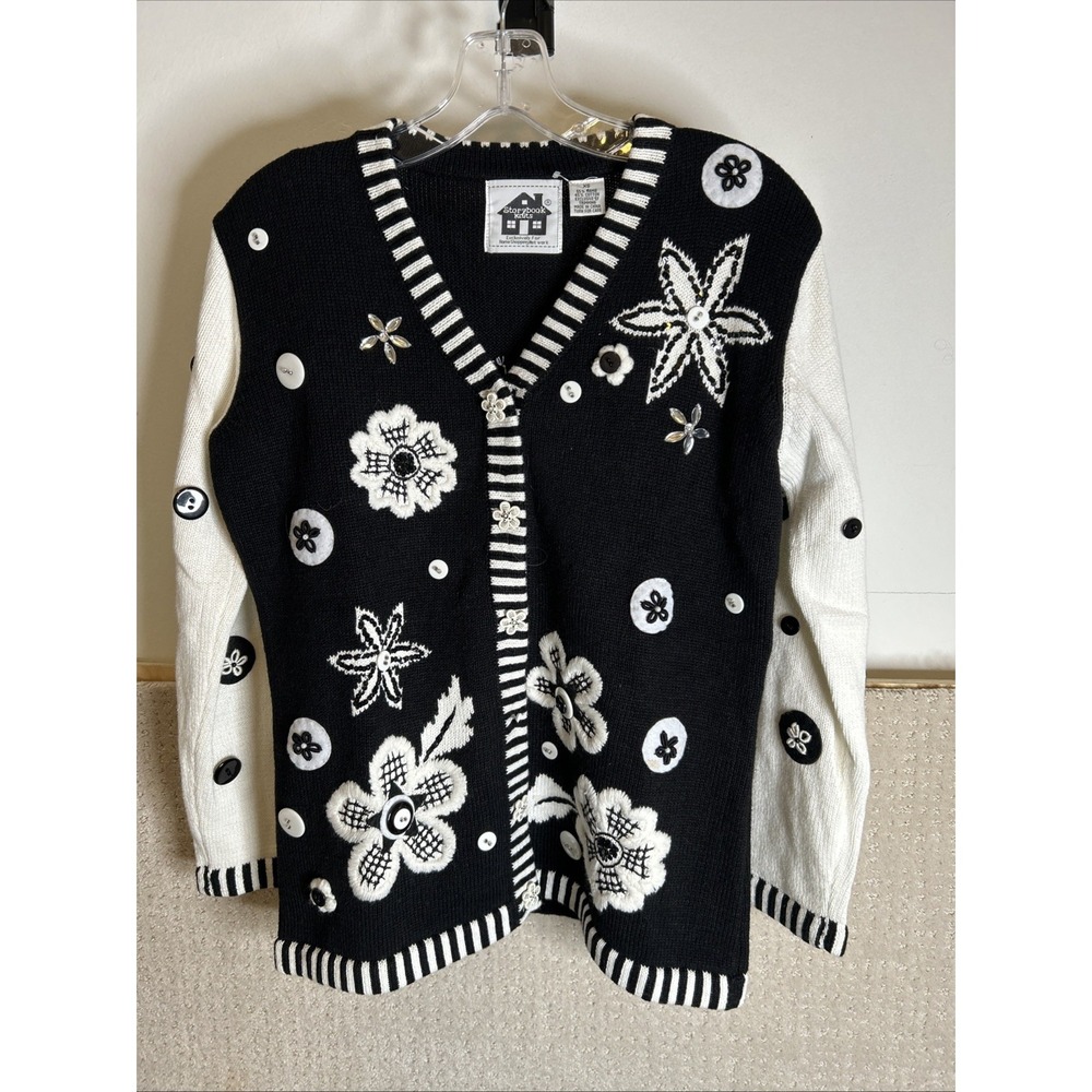 VTG‎ STORYBOOK KNITS BLACK And White CARDIGAN SWEATER Sz XS